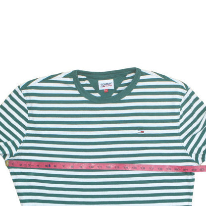 Tommy Jeans Men's Green White Striped Long Sleeve Cotton T-Shirt XL