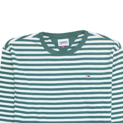 Tommy Jeans Men's Green White Striped Long Sleeve Cotton T-Shirt XL