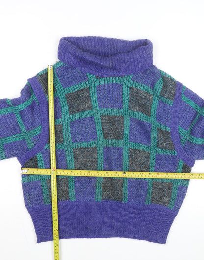 Umberto Vallati Men's Blue Check Mohair Wool Roll Neck Jumper L