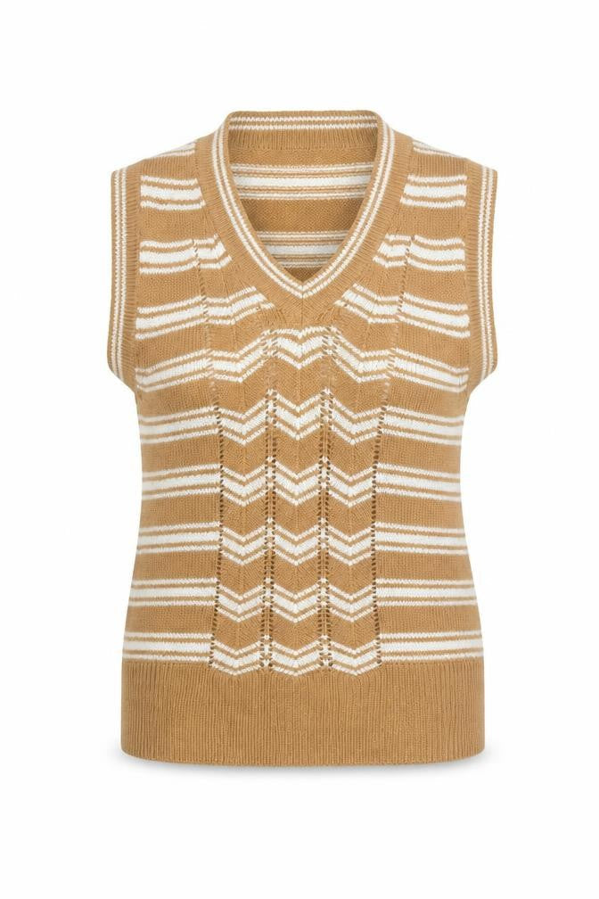 Trad Women's Beige Striped Wool Blend Sleeveless V-Neck Vest M