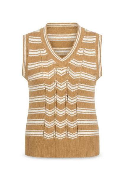 Trad Women's Beige Striped Wool Blend Sleeveless V-Neck Vest M