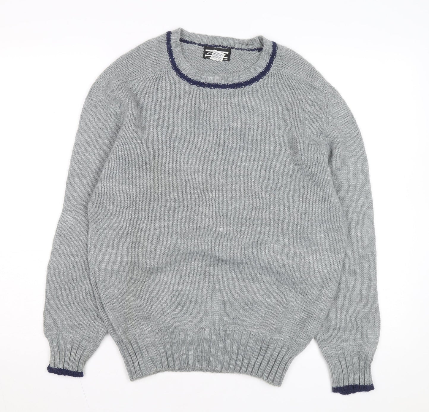 Winks Lane Mens Grey Acrylic Crew Neck Pullover Jumper Size M
