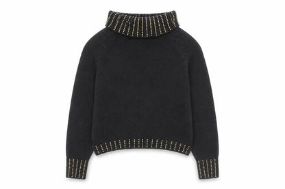 Donagain Women’s Black Beaded Roll Neck Chunky Knit Jumper Size M