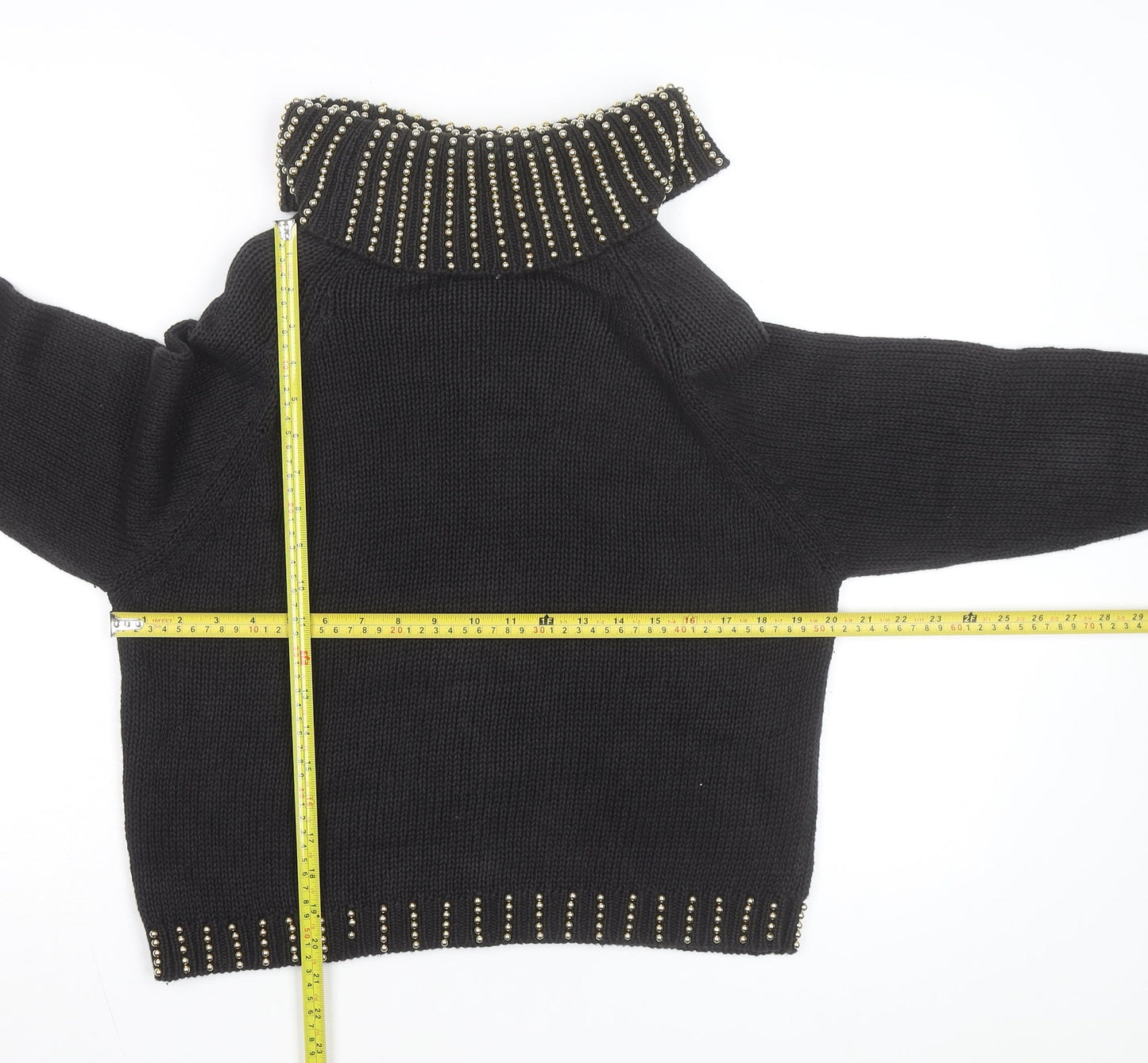 Donagain Women’s Black Beaded Roll Neck Chunky Knit Jumper Size M