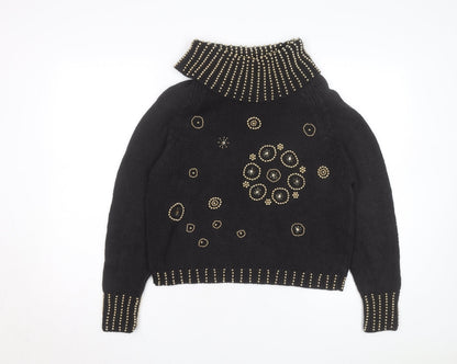 Donagain Women’s Black Beaded Roll Neck Chunky Knit Jumper Size M