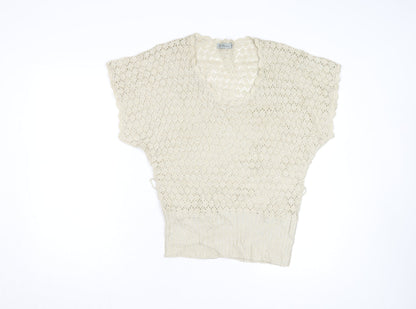De Paris Women's Beige Open-Knit Wool Blend Short Sleeve Jumper S