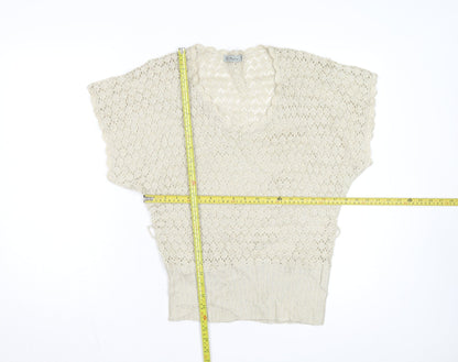 De Paris Women's Beige Open-Knit Wool Blend Short Sleeve Jumper S