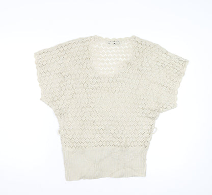 De Paris Women's Beige Open-Knit Wool Blend Short Sleeve Jumper S