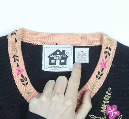 Storybook Knits Womens Black Floral Embroidered Cardigan Size M