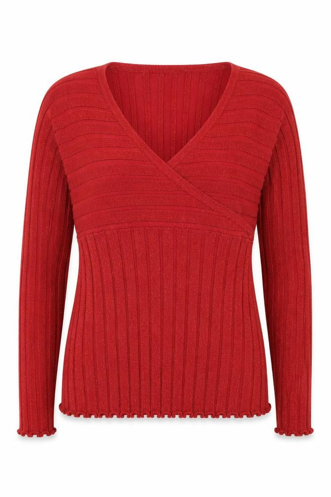 August Silk Women Red Ribbed Wrap V-Neck Knit Top Size L