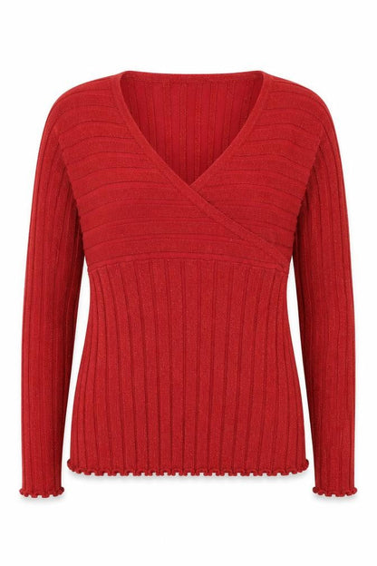 August Silk Women Red Ribbed Wrap V-Neck Knit Top Size L