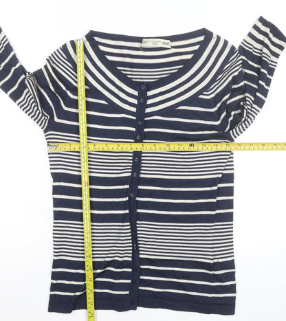 Crew Clothing Co. Women Blue Striped Button-Up Knit Top Size 12