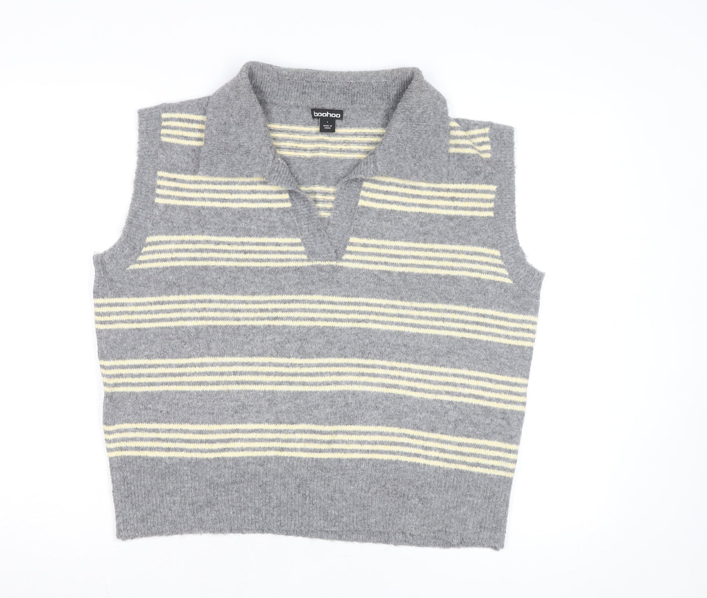 Boohoo Women’s Grey Striped Collared Sleeveless Knit Vest L