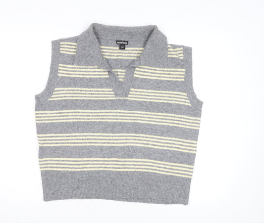 Boohoo Women’s Grey Striped Collared Sleeveless Knit Vest L