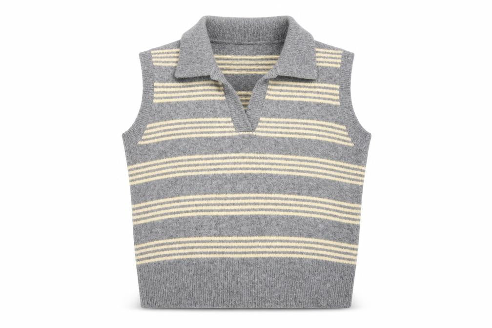 Boohoo Women’s Grey Striped Collared Sleeveless Knit Vest L