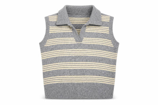 Boohoo Women’s Grey Striped Collared Sleeveless Knit Vest L