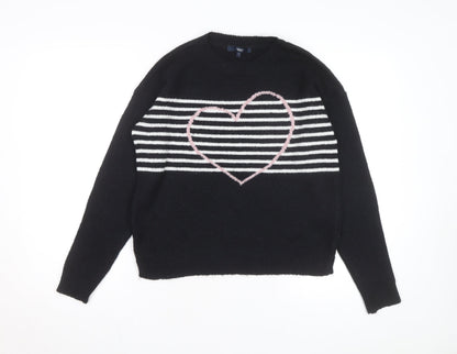 Next Women’s Black Heart Stripe Crew Neck Knit Jumper Size 8