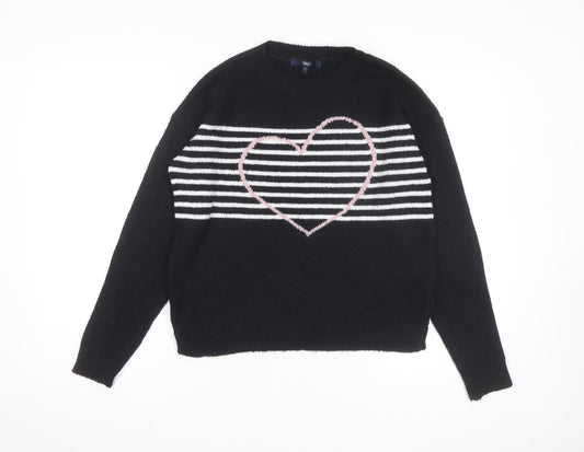 Next Women’s Black Heart Stripe Crew Neck Knit Jumper Size 8