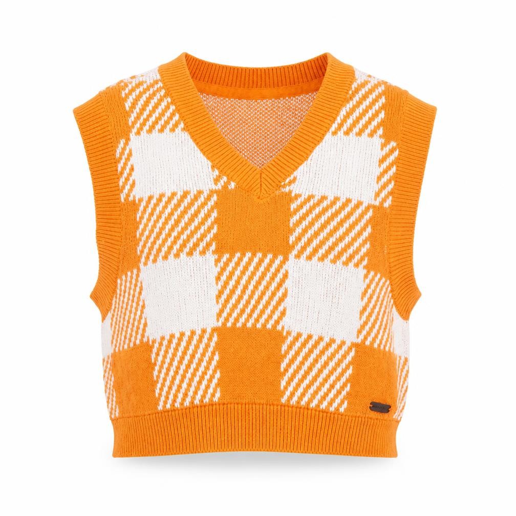 Noisy May Women's Orange Check Knit Sleeveless V-Neck Vest Size S