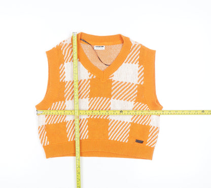 Noisy May Women's Orange Check Knit Sleeveless V-Neck Vest Size S