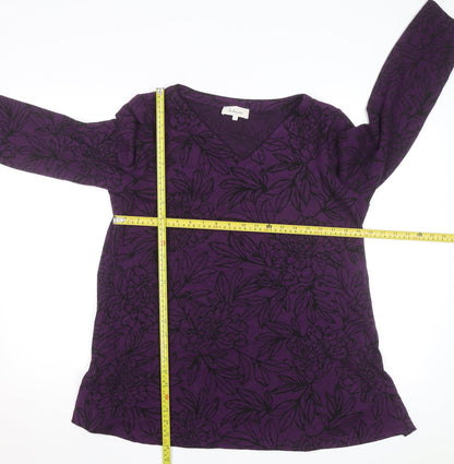 Sahara Women Purple Floral Wool Viscose V-Neck Long Sleeve Jumper L