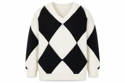 AND/OR Women's Black & Cream Argyle V-Neck Knit Jumper Size M