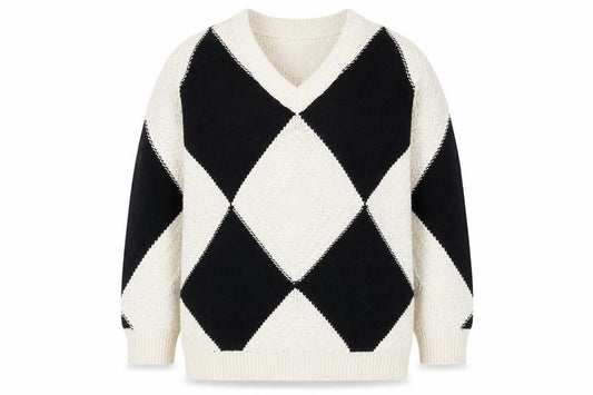 AND/OR Women's Black & Cream Argyle V-Neck Knit Jumper Size M
