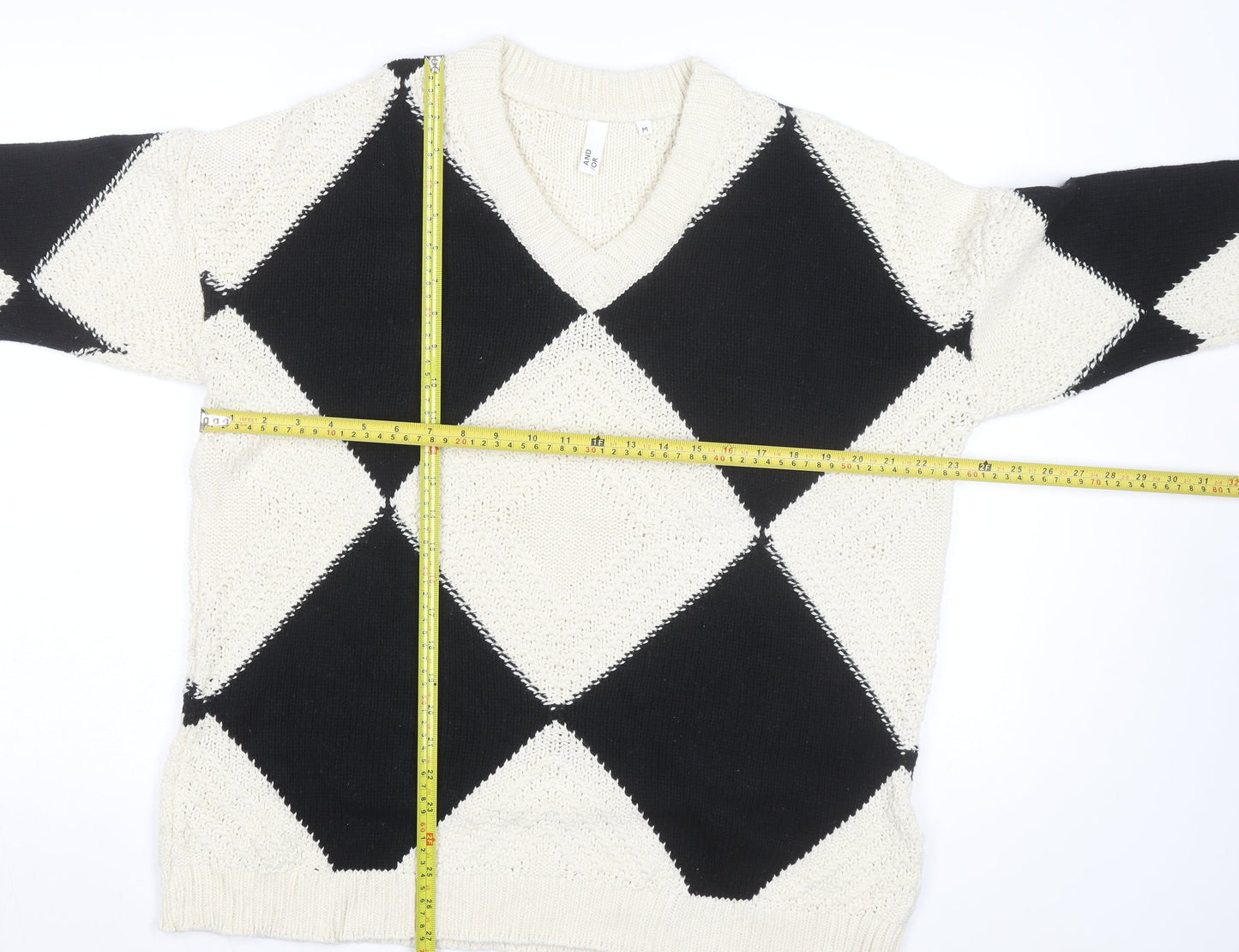 AND/OR Women's Black & Cream Argyle V-Neck Knit Jumper Size M