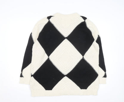 AND/OR Women's Black & Cream Argyle V-Neck Knit Jumper Size M