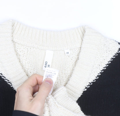 AND/OR Women's Black & Cream Argyle V-Neck Knit Jumper Size M