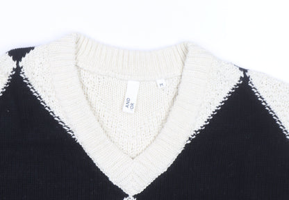 AND/OR Women's Black & Cream Argyle V-Neck Knit Jumper Size M