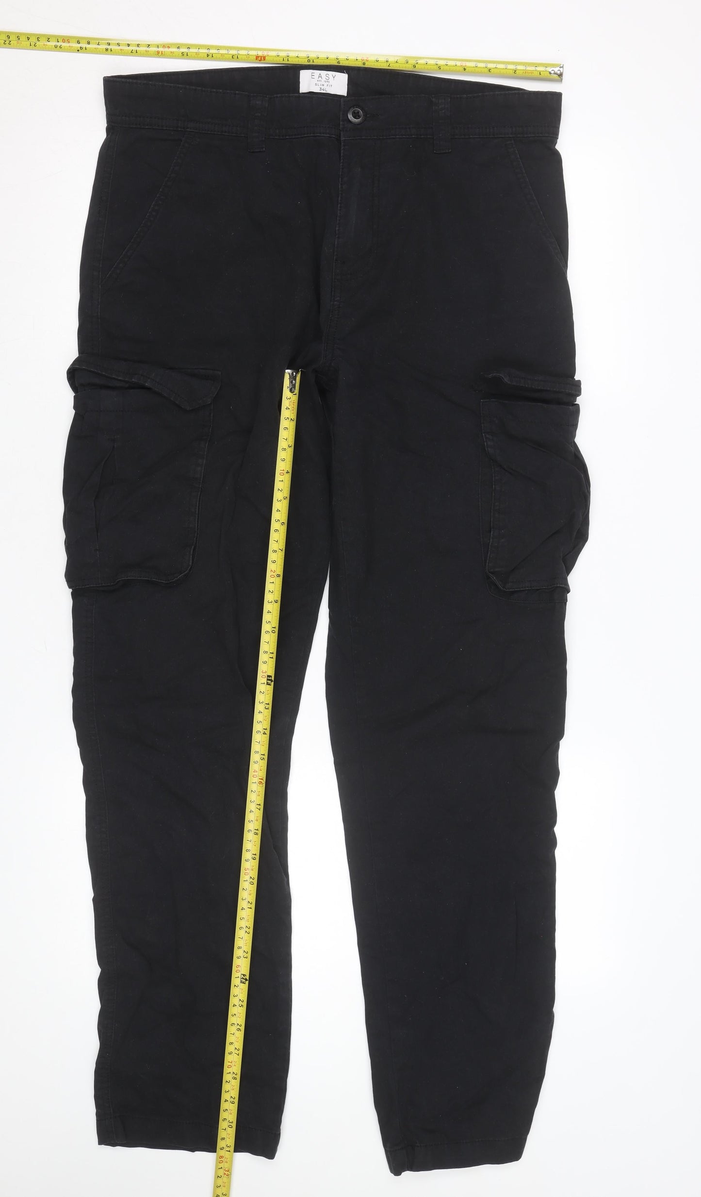 Easy Mens Black Slim Fit Cargo Trousers 34L Cotton Casual