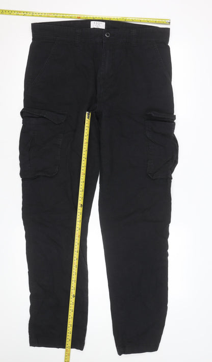 Easy Mens Black Slim Fit Cargo Trousers 34L Cotton Casual