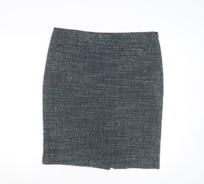 Marks and Spencer Women Blue Tweed Knee Length Wool Blend Pencil Skirt Size 16