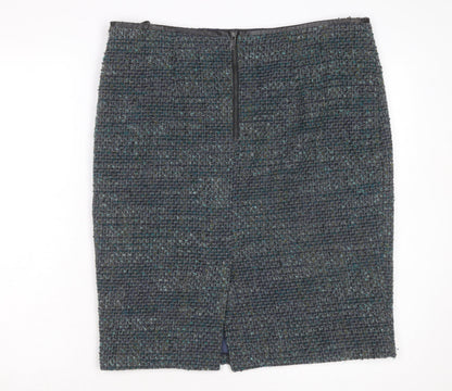 Marks and Spencer Women Blue Tweed Knee Length Wool Blend Pencil Skirt Size 16