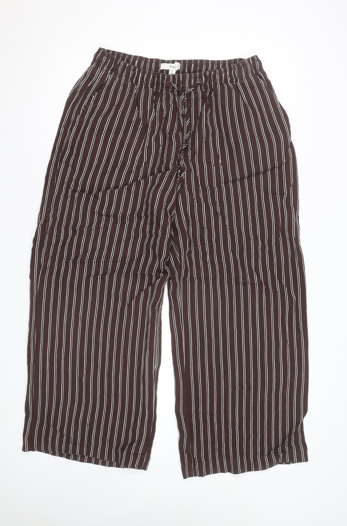 Marks and Spencer Womens Brown Striped Cropped Wide-Leg Trousers Size 14