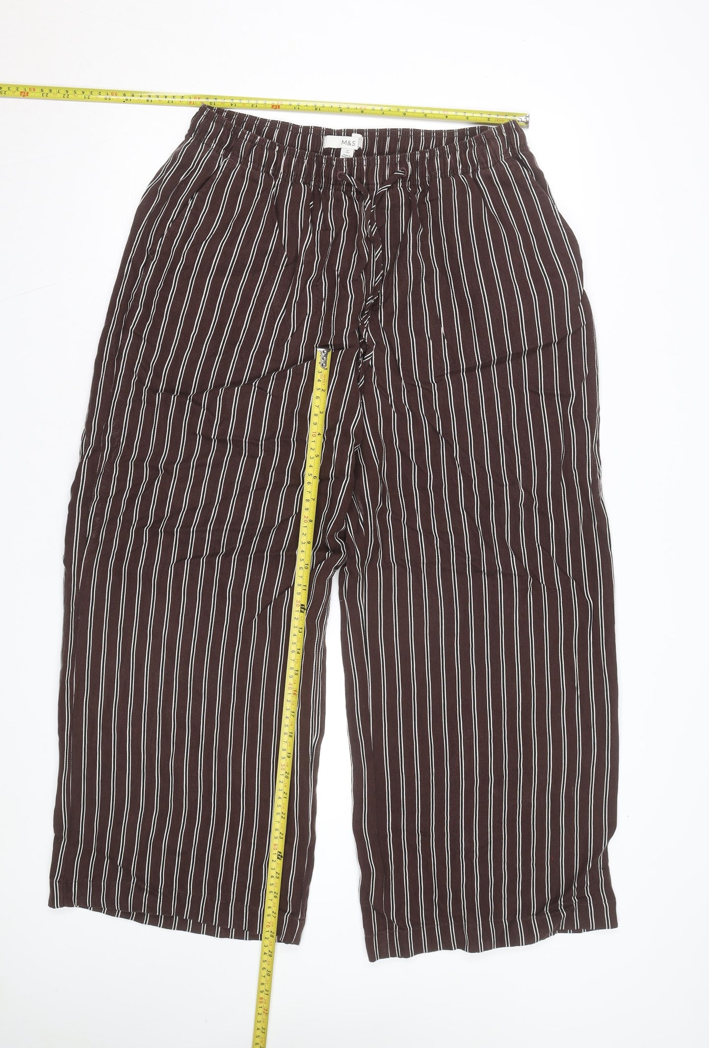 Marks and Spencer Womens Brown Striped Cropped Wide-Leg Trousers Size 14