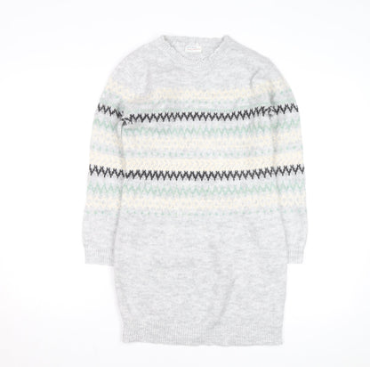 FatFace Girls Grey Fair Isle Long Sleeve Knit Sweater Dress 10-11 Years
