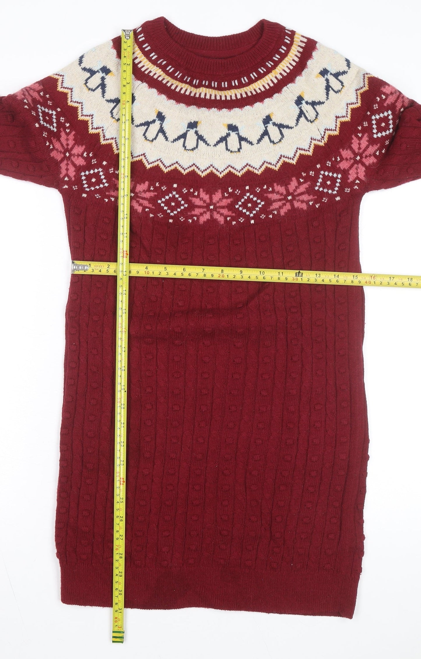 FatFace Girls Red Penguin Knit Sweater Dress 12-13 Years Winter Fair Isle