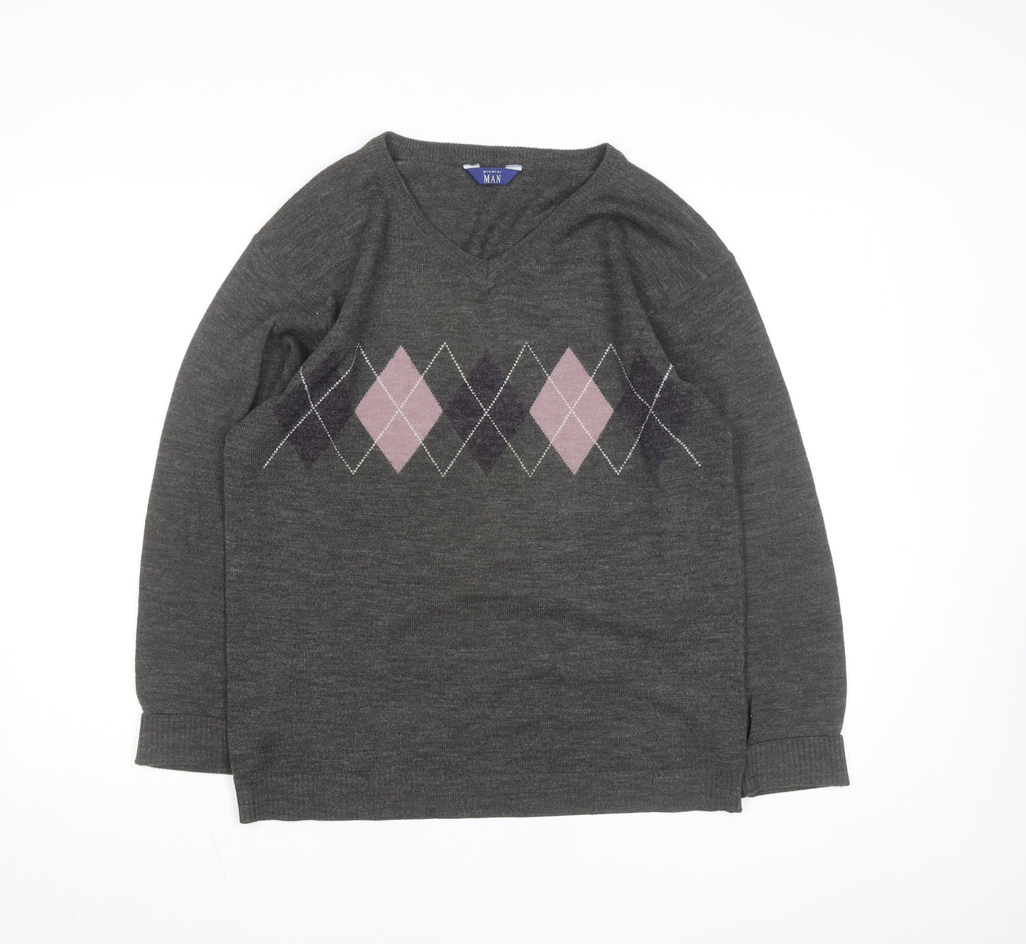 Premier Man Men's Grey Argyle V-Neck Wool Blend Jumper Size S
