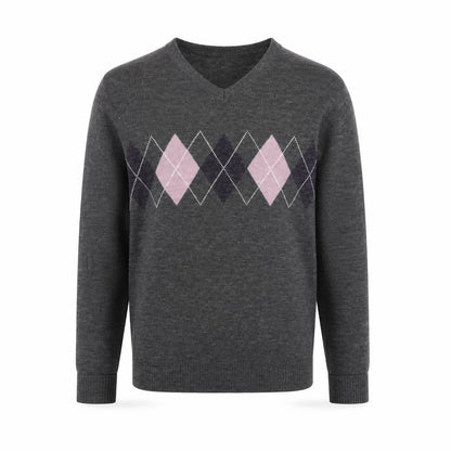 Premier Man Men's Grey Argyle V-Neck Wool Blend Jumper Size S