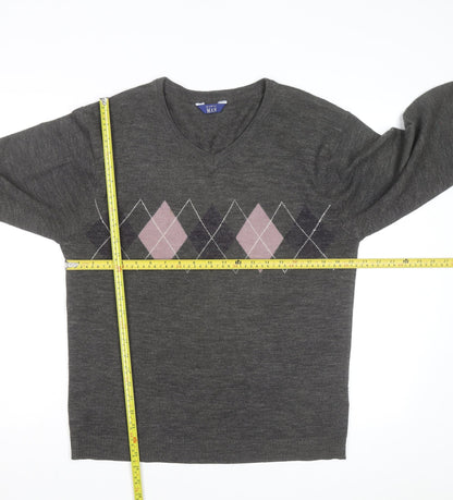 Premier Man Men's Grey Argyle V-Neck Wool Blend Jumper Size S