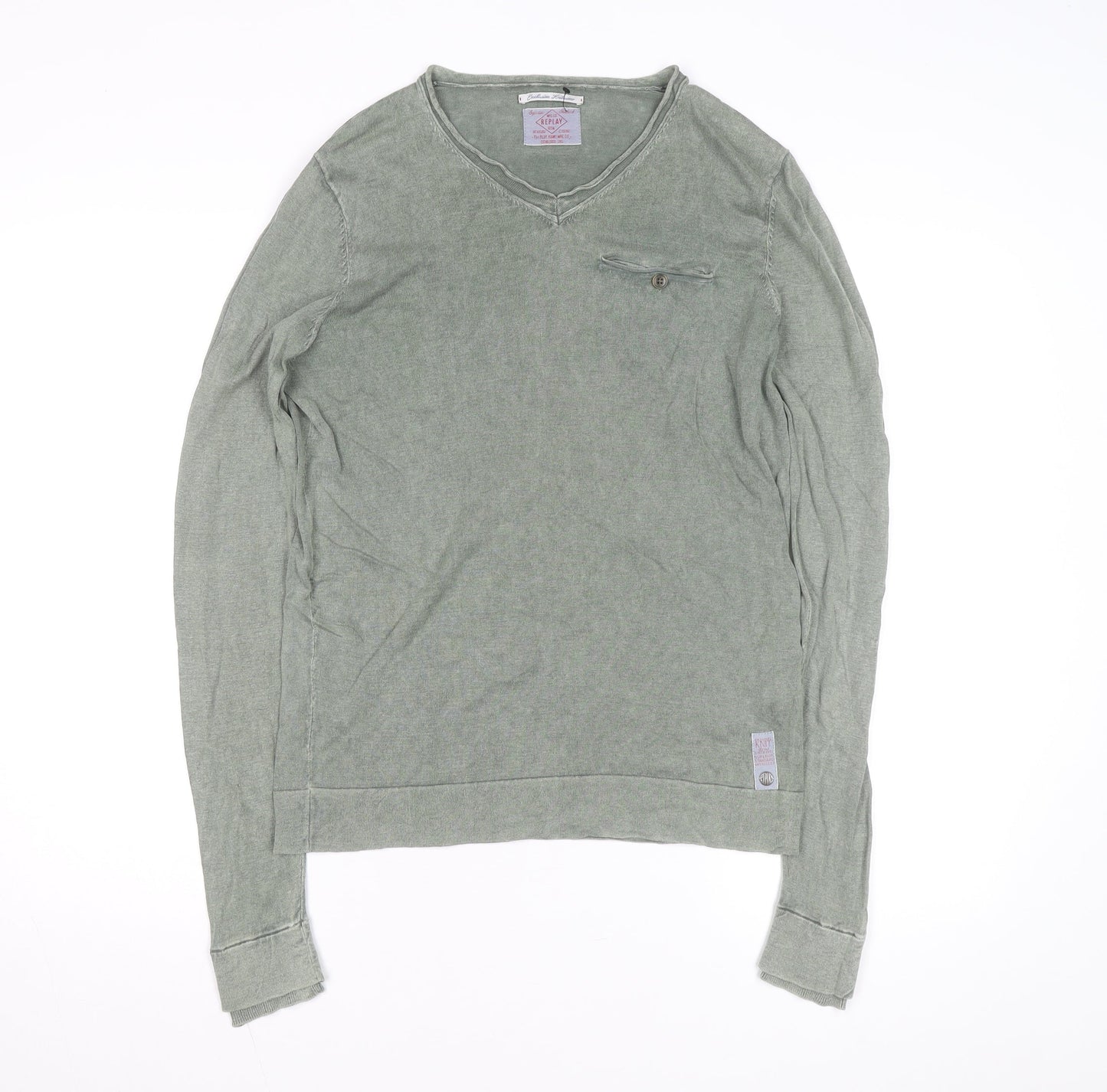 Replay Men's Green Long Sleeve V-Neck Cotton Casual Top M