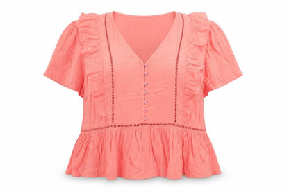 Marks & Spencer Per Una Pink Ruffle V-Neck Cotton Blouse Size 16