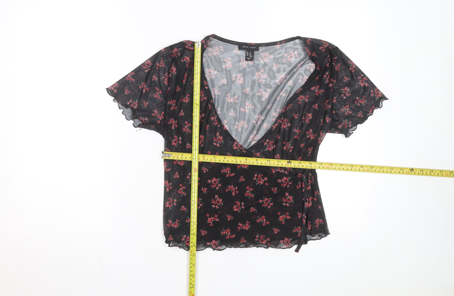 New Look Women's Black Floral Mesh Wrap Blouse Size 14
