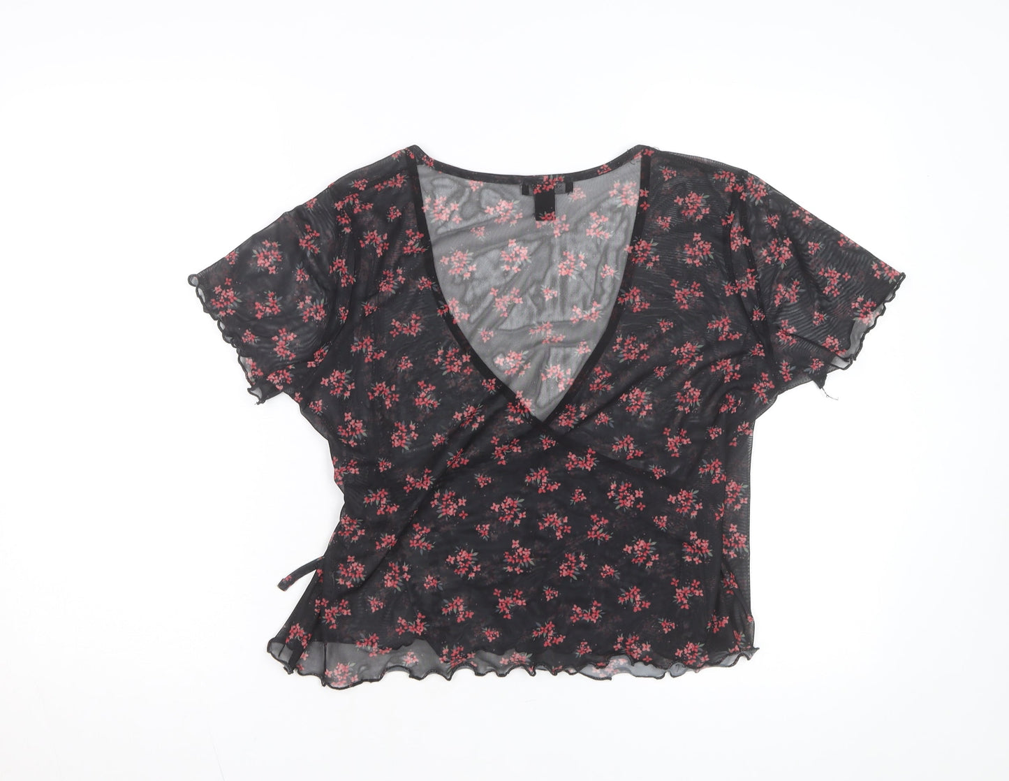 New Look Women's Black Floral Mesh Wrap Blouse Size 14