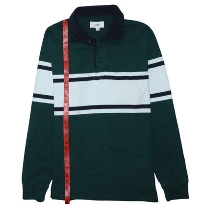 Marks and Spencer Men's Green Striped Long Sleeve Polo Shirt Size L
