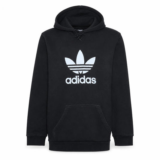 Front view of Adidas Men's Black Pullover Hoodie, size M, Graphic Print Casual Sweatshirt