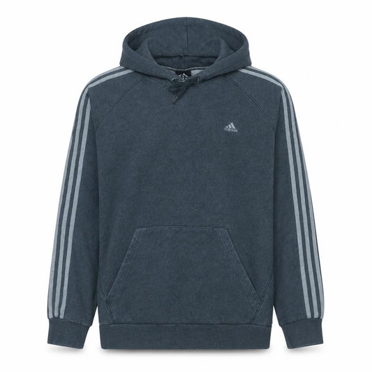 Front view of Adidas Men's Blue XL Pullover Hoodie with Logo and Drawstring