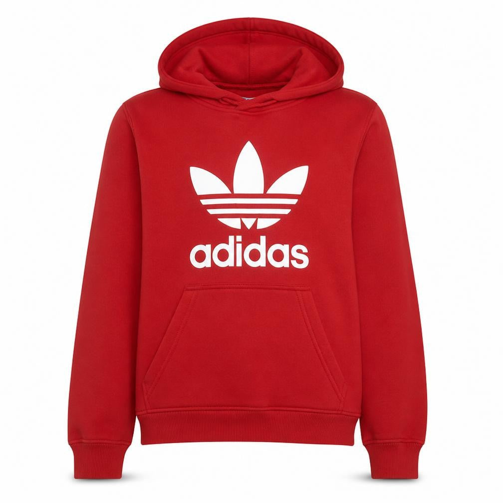 Front view of Adidas Men's Red Pullover Hoodie L Fleece Graphic Trefoil Sportswear